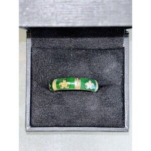 Hidalgo 18K Gold Green Enamel Fleur-de-Lis Ring Band Size 6.75
